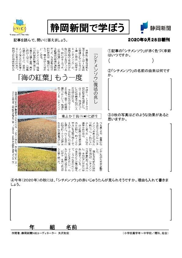 静岡新聞nie 解答例あり 海の紅葉 もう一度 シチメンソウ 復活の兆し 東よか干潟 佐賀 に群生 小学校高学年 中学校 理科 総合