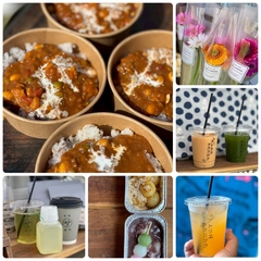 ガーベラ生花、トマトチキンカレー、川根茶ドリンク、とうもろこし