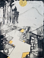 ナンシー諸善 作、技法：木版画、タイトル：「夜の水田」