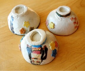 生徒さんの作品　　親子でお揃いのキメツ模様のお茶碗