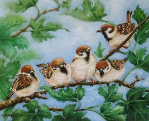 油絵「雀の集い」Ｆ3号　永月水人作