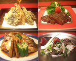 （左上）天ぷらの盛合せ、（左下）鯛のあら煮、（右上）和牛のステーキ、（右下）土佐造り