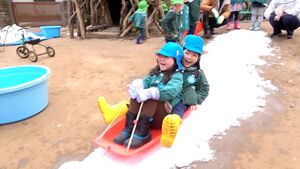 「雪がいっぱい」「ああ、冷たい」珍しい雪に大はしゃぎ　暖かな下田市の園児たちが雪遊び楽しむ=静岡・下田市
