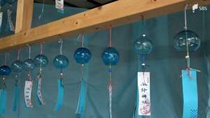 西伊豆の空と海イメージ…青い風鈴240個を神社に ガラス作家らが設置＝静岡・西伊豆町