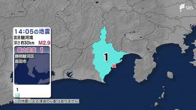 静岡県で最大震度1の地震　震源は駿河湾　静岡駿河区、島田市で震度1（4日午後2時5分頃）