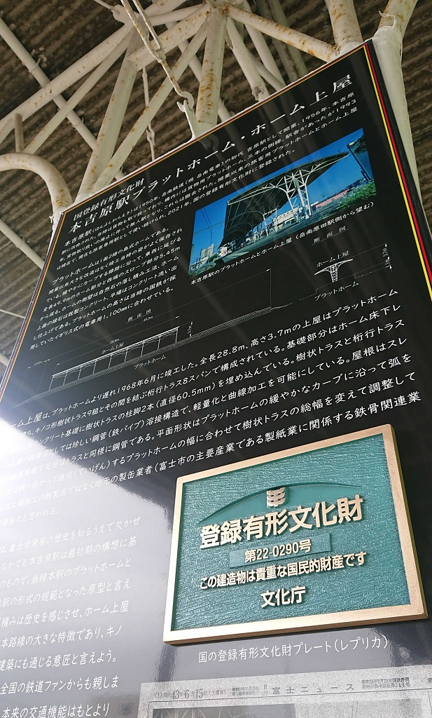 説明パネルとともに展示している登録プレートのレプリカ＝富士市今泉の本吉原駅