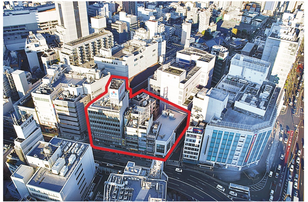 再開発で大型複合ビルが建設されるエリア（赤枠部分）