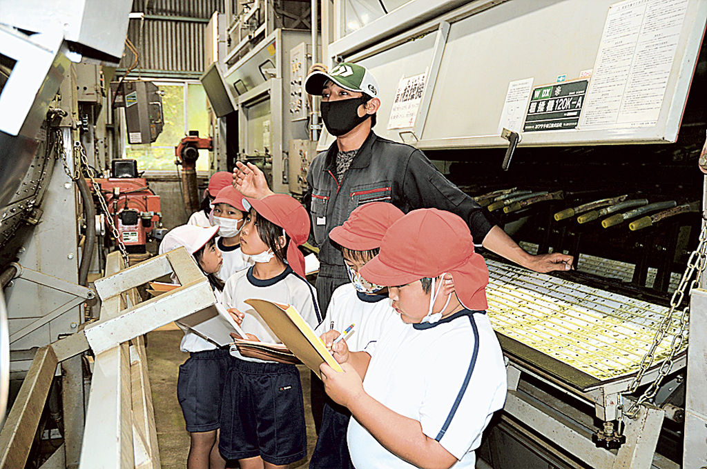 お茶を乾燥させる機械を見学する児童＝沼津市井出のマルニシ製茶工場
