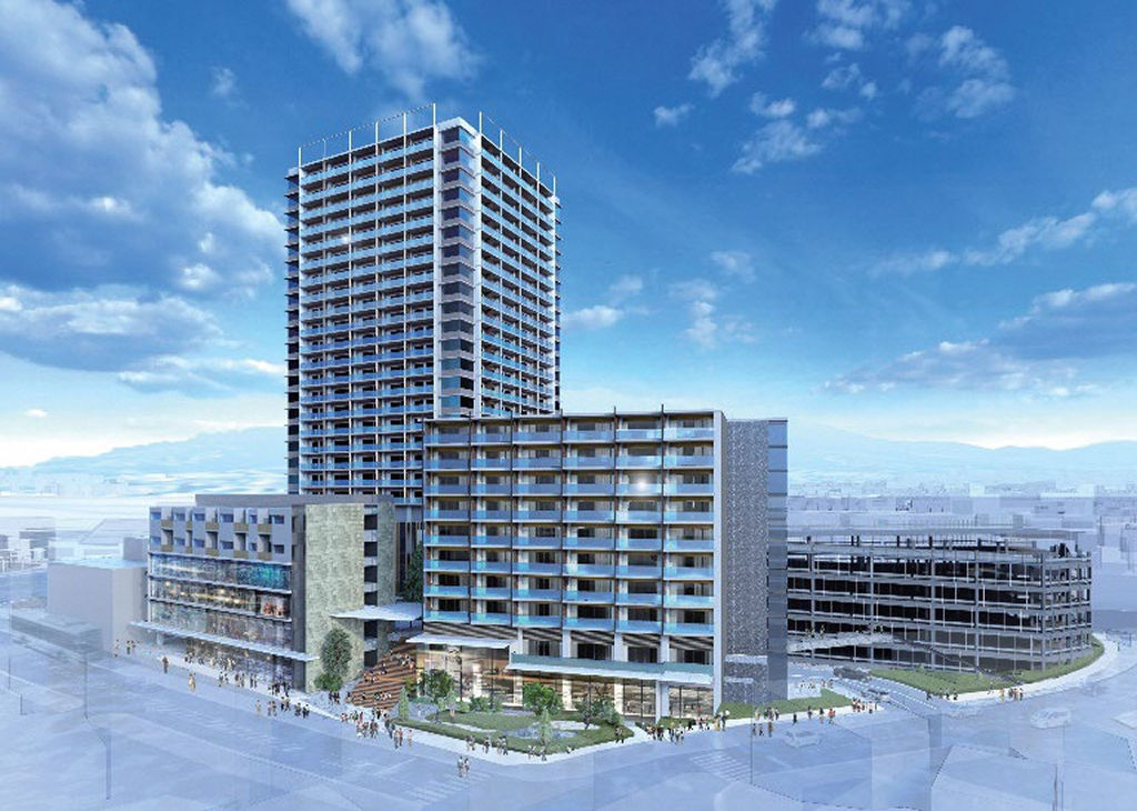 三島駅南口東街区で計画される再開発事業の完成予想図