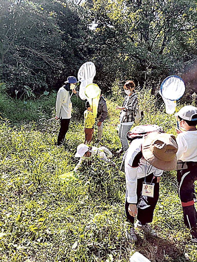 親子ら１００人が参加した自然観察会＝焼津市の栃山川自然生態観察公園