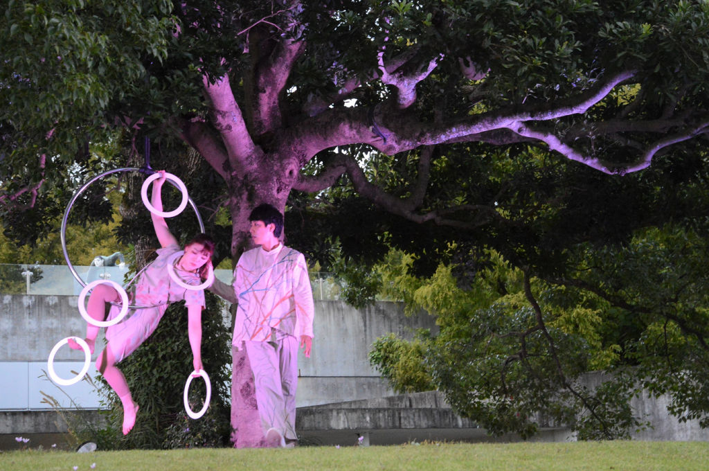 庭園でパフォーマンスを繰り広げる出演者＝長泉町のヴァンジ彫刻庭園美術館