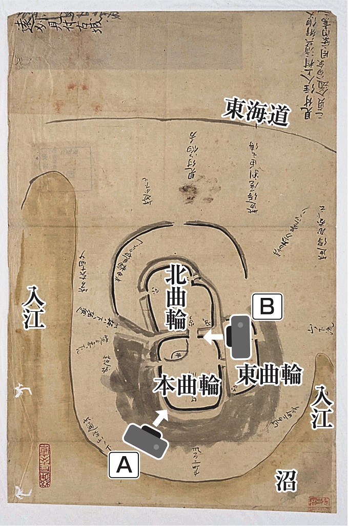 城之崎城の平面図「遠州見付古城図」（名古屋市蓬左文庫所蔵、画像の一部を加工しています）