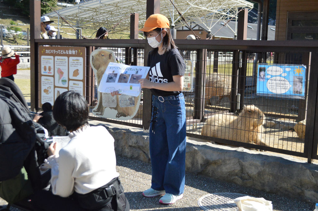 カピバラについて解説する児童＝静岡市駿河区の日本平動物園