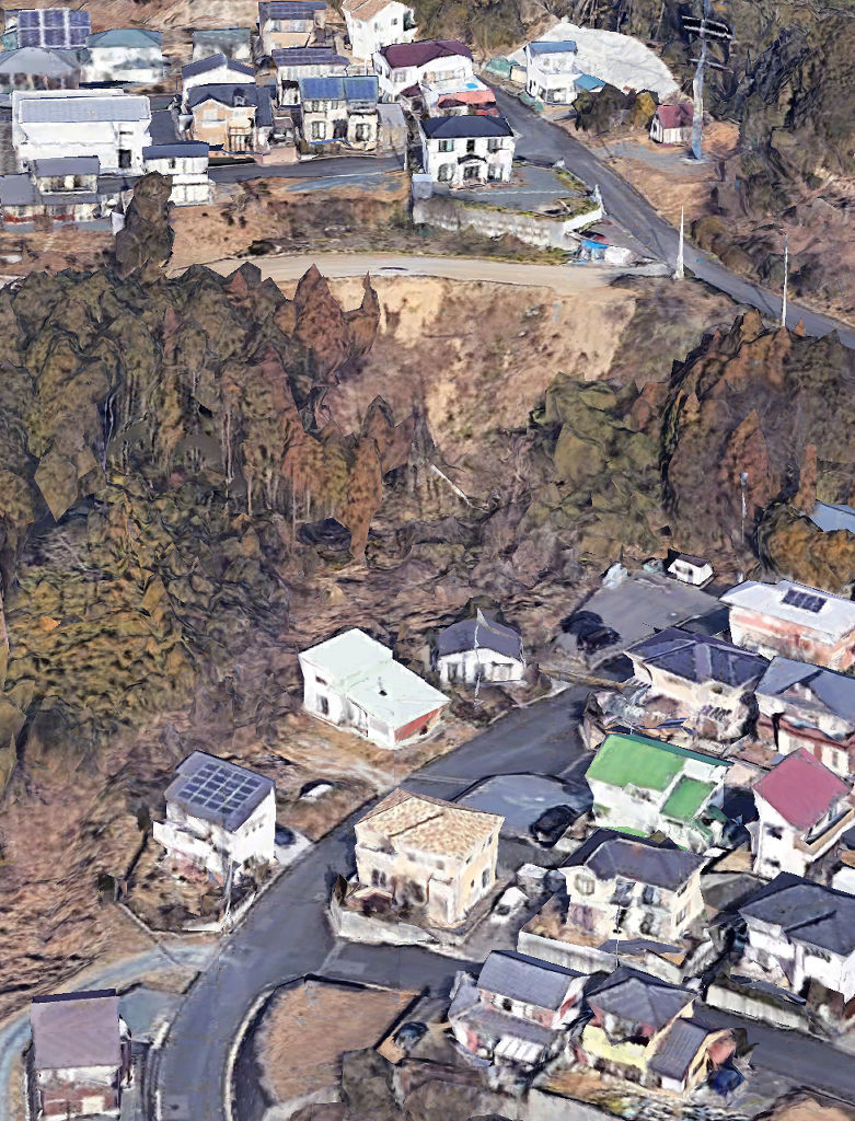 残土崩落が発生する前の浜松市天竜区緑恵台の住宅地（グーグルアースから抜粋）