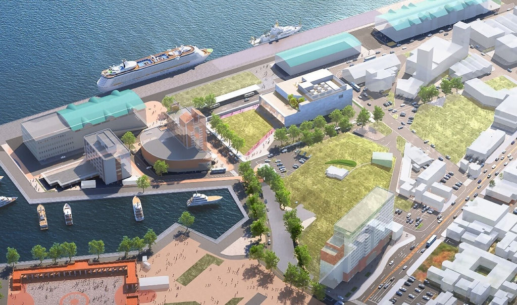 「静岡市海洋・地球総合ミュージアム」の完成予想図と立地する清水港日の出地区周辺（同市提供）