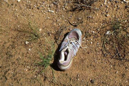 移民の捜索活動で見つかった運動靴。付近には白骨もあった＝２０２２年１０月、米アリゾナ州アーホ南方（共同）