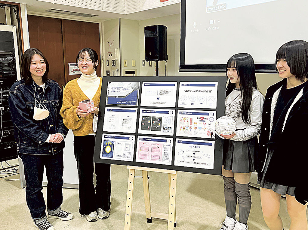 考案した企画について説明する学生たち＝静岡市葵区の静岡デザイン専門学校