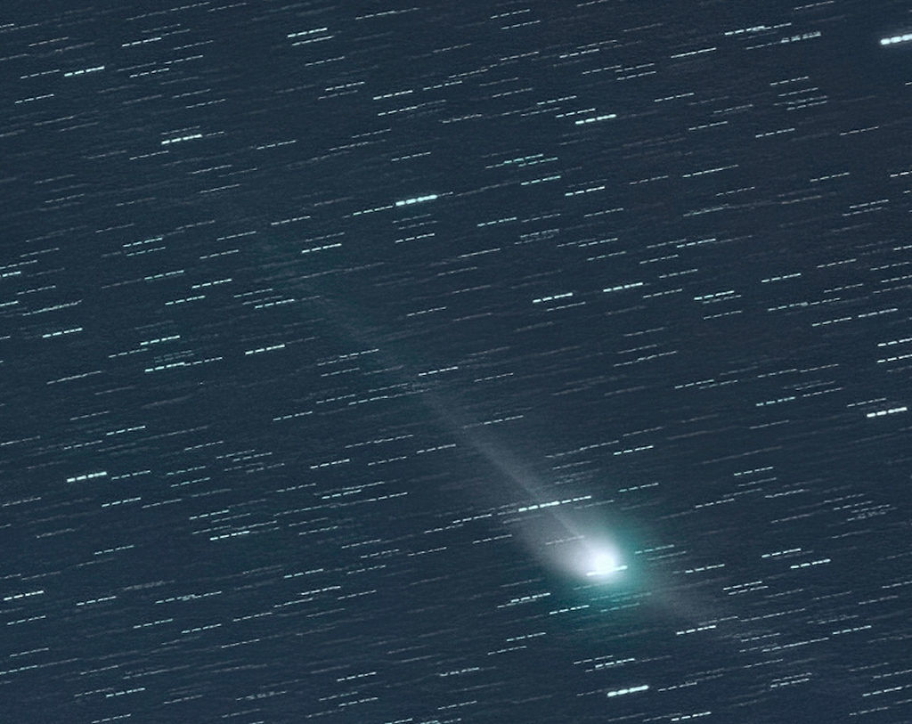 白い尾を引いて輝くＺＴＦ彗星＝２５日未明、静岡市清水区上清水町（山田昇さん提供）
