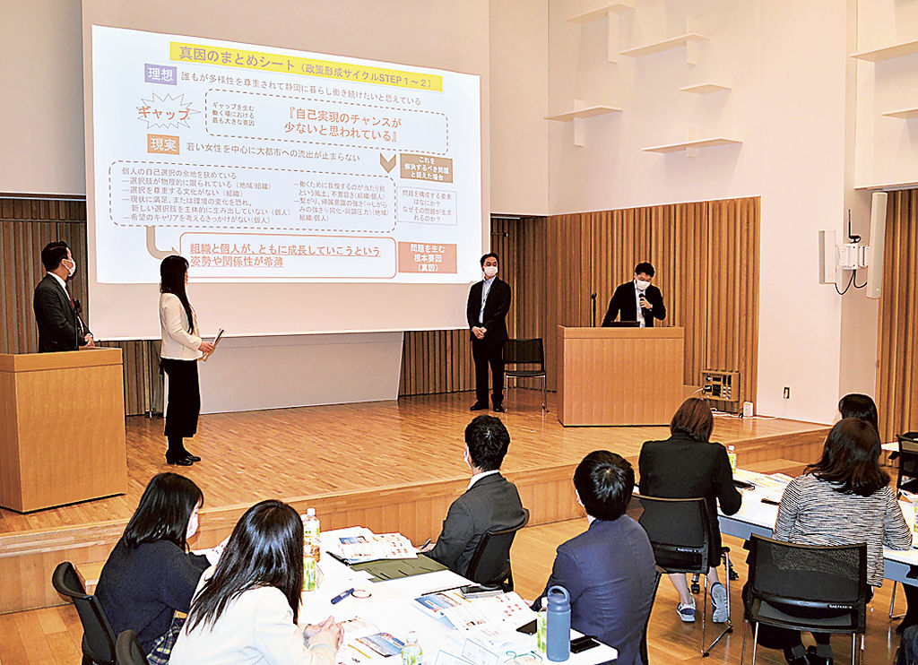 多様な立場の参加者が議論の成果を披露した発表会＝１月末、静岡市葵区