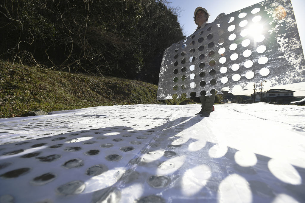 個展に向け屋外で創作にいそしむ中村昌司さん。オーガンジーの布にペンキで銀の円を描く＝２月中旬、掛川市（写真部・杉山英一）