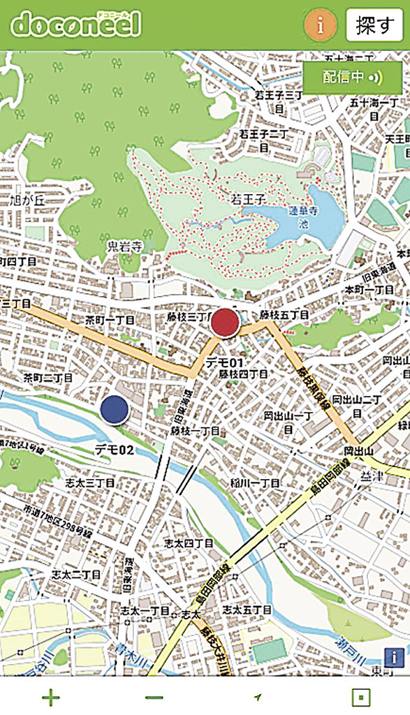 運用試験した屋台の位置情報システムの画面。赤印が上伝馬区、青印が栄区の屋台の現在地