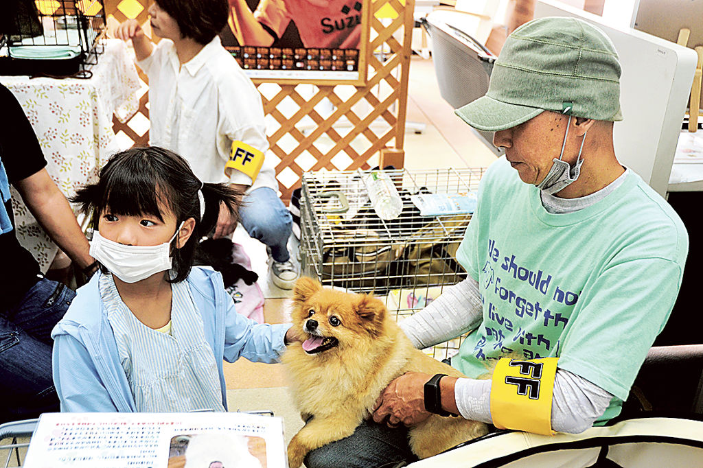保護犬との触れ合いを楽しむ来場者（左）＝静岡市駿河区