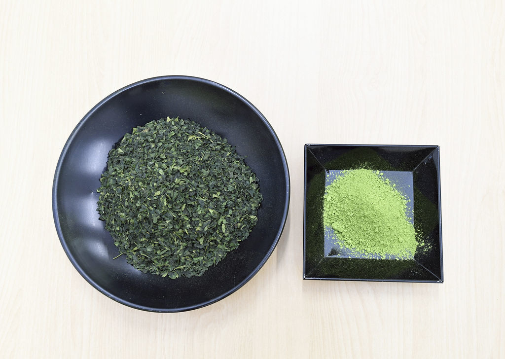 生葉を蒸し、乾燥させて作った川根産碾茶（左）。粉末加工後、色鮮やかな抹茶（右）に仕上がる