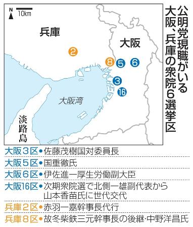 公明党現職がいる大阪、兵庫の衆院６選挙区
