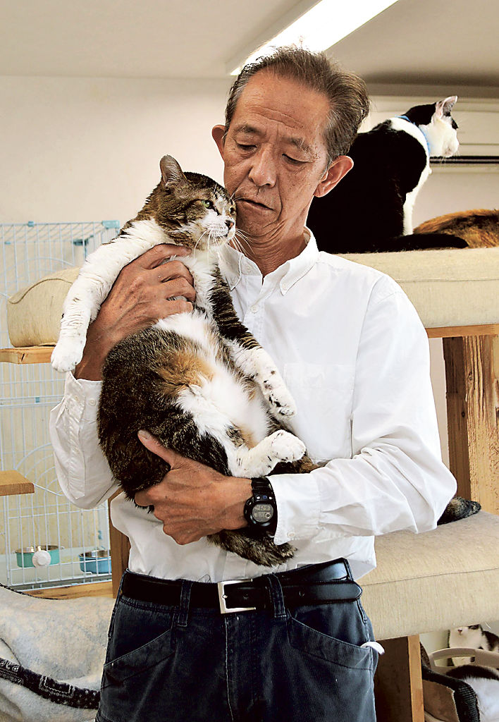 １年前に保護した雄猫「スガキヤ」を抱く服部優二さん。当初は衰弱し、触られることを拒否した＝５月中旬、浜松市東区