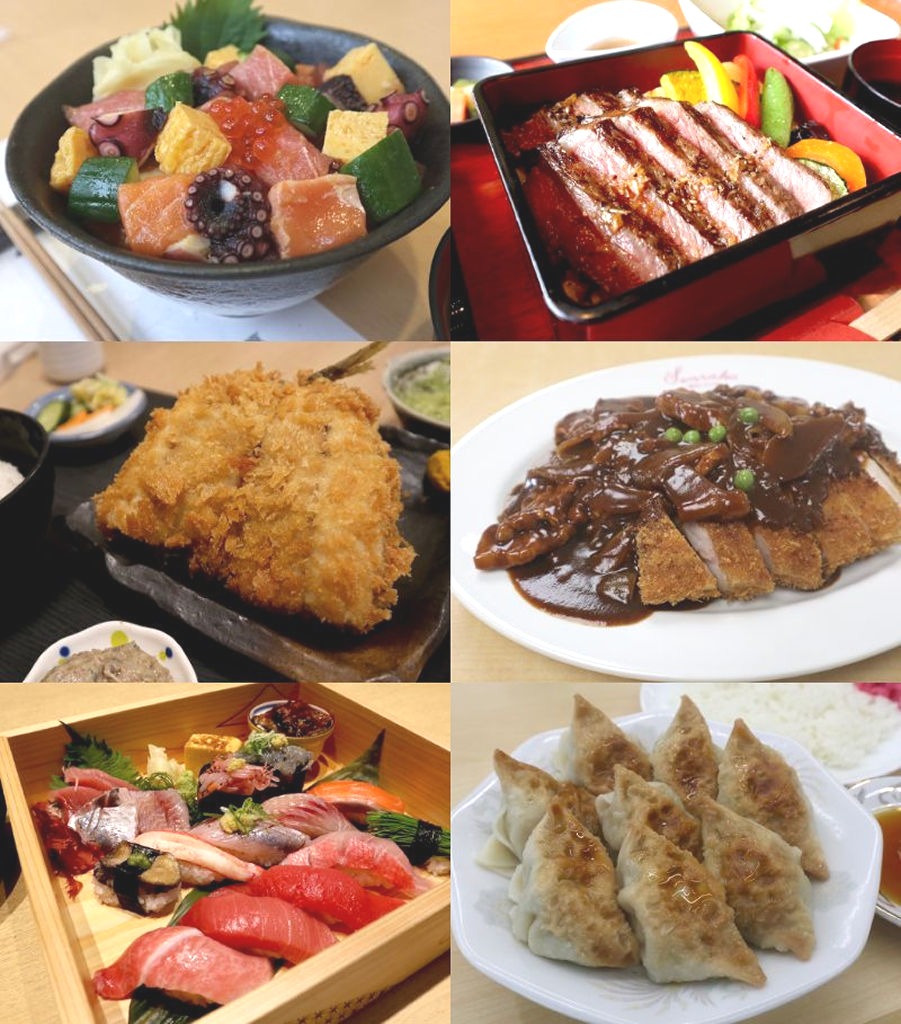 （左上から順に）山正丼、黒毛和牛ステーキ重、アジフライ定食、カツハヤシ、近海握り寿司、餃子ライス
