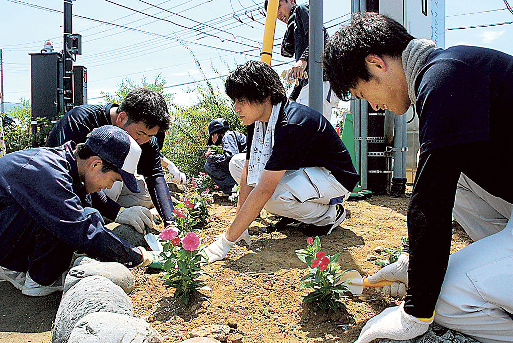 花を植える生徒ら＝函南町塚本の道の駅伊豆ゲートウェイ函南