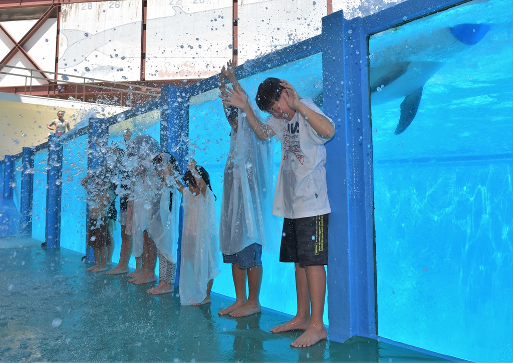 イルカの水しぶきを浴びる子どもたち＝沼津市内浦長浜の伊豆・三津シーパラダイス