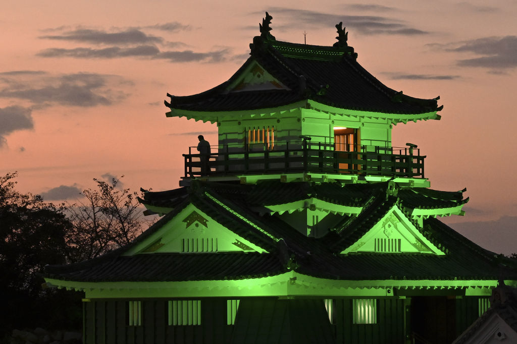 「臓器移植普及推進月間」に合わせ、緑色にライトアップされた浜松城天守閣＝１１日午後５時４５分、浜松市中区