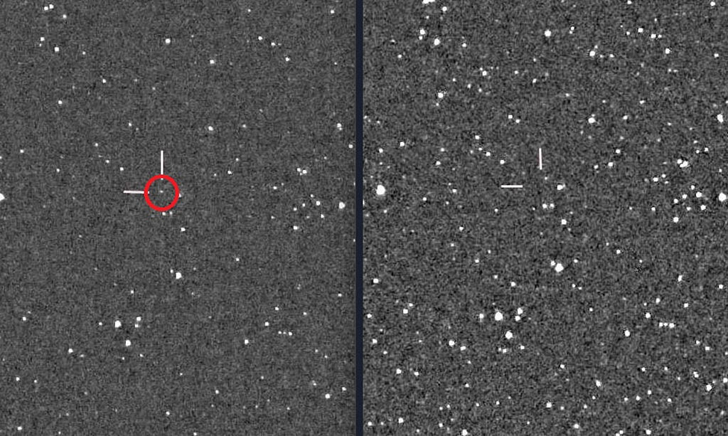 新発見の超新星（丸で囲まれた部分）。右は同じ領域を撮影した過去の画像（西村栄男さん提供）
