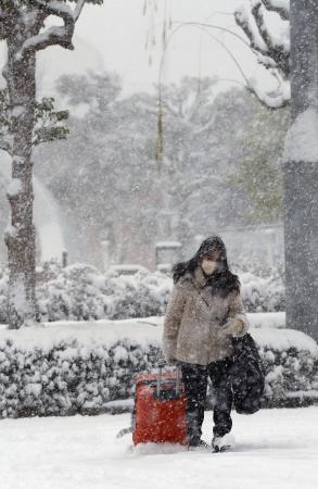 雪が降る中、ＪＲ鳥取駅前を歩く人＝２４日午前８時３２分