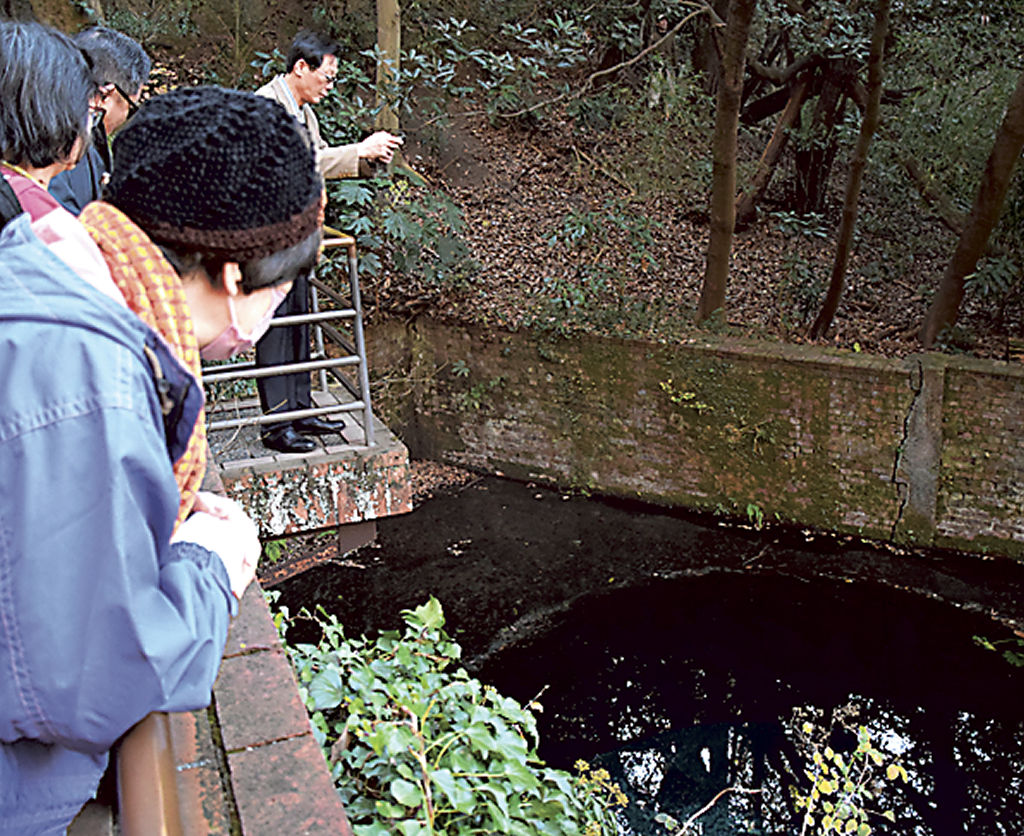 湧水を眺める台湾からの参加者ら＝清水町の柿田川公園