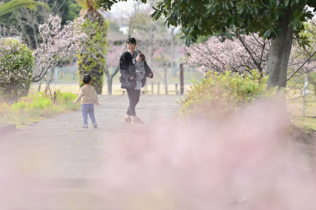 春の陽気に誘われ散歩を楽しむ家族連れ＝１日午前、静岡市清水区の清水清見潟公園（写真部・二神亨）