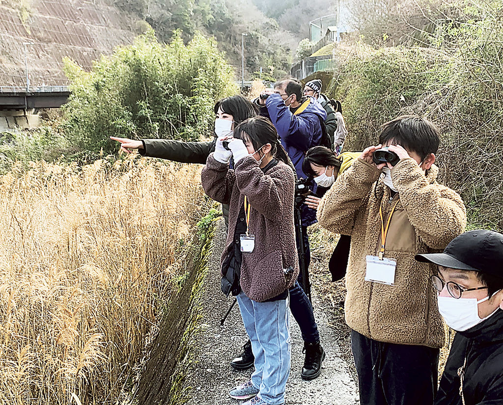 野鳥を観察する小学生ら＝伊豆市内