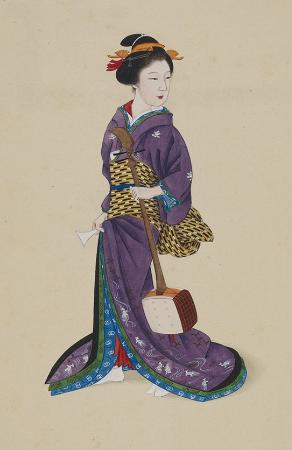 美しく着飾り三味線を持つ長崎の芸者（ミュンヘンの五大陸博物館所蔵。朝日新聞出版提供）