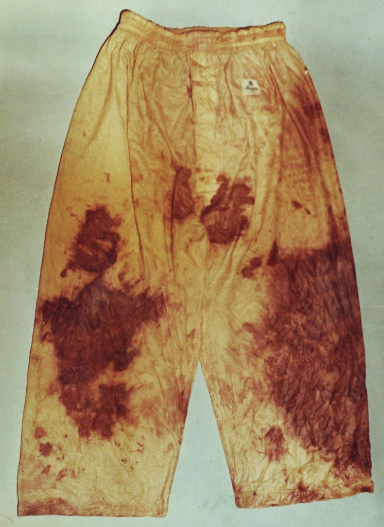 「５点の衣類」の一つ、ステテコ。約１年２カ月みそに漬かっていたとされるが、血痕には赤みが見て取れ、生地も白っぽさが残る（弁護団提供）