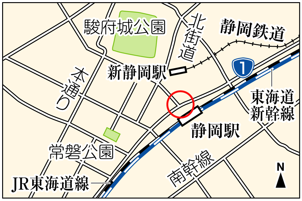 国道１号と並行して東西に走る主要道路。ＪＲ静岡駅北口周辺の整備を検討する