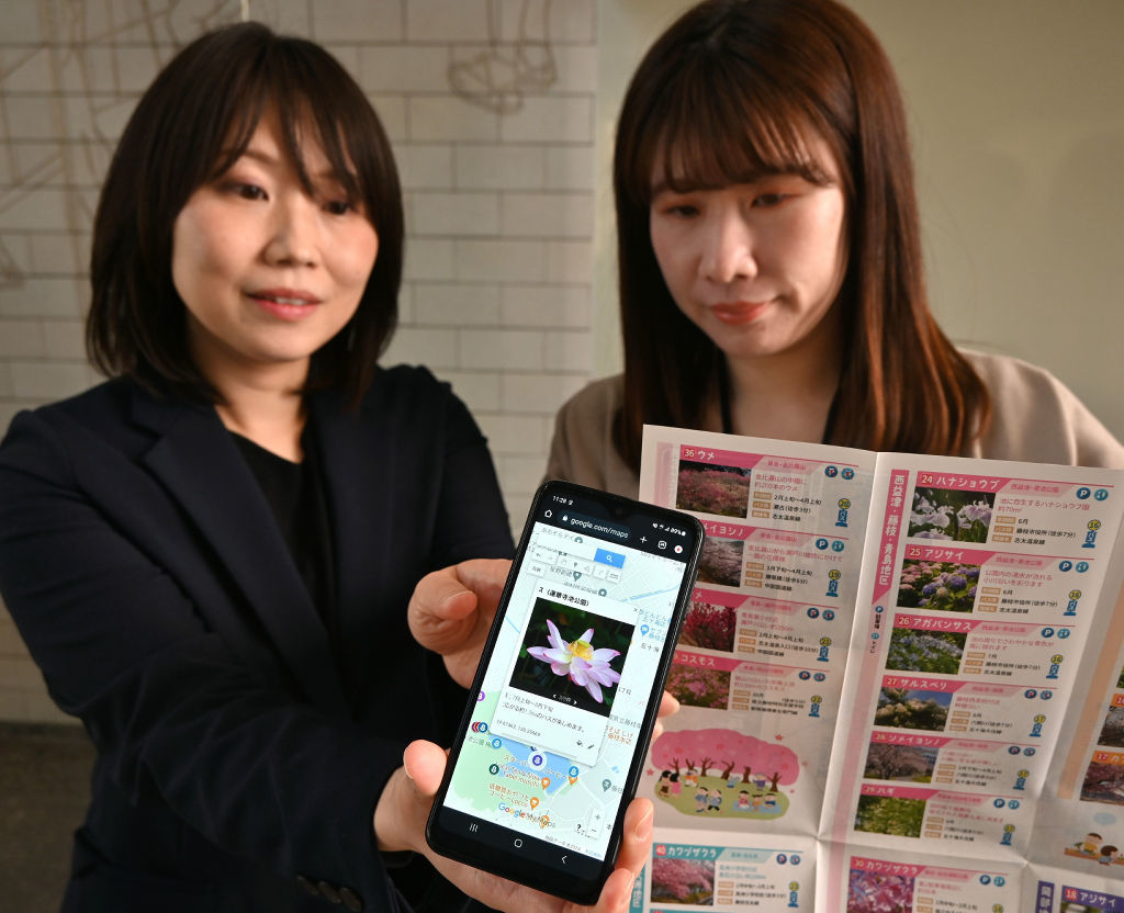 藤枝市内の花スポットを紹介するデジタル版花めぐりマップ＝市役所