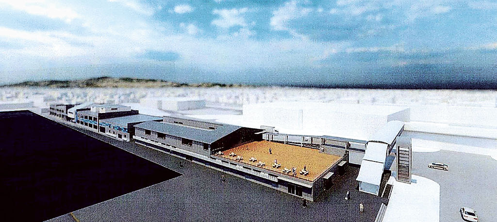 ２０２５年４月にリニューアルオープンする「清水魚市場　河岸の市」。手前が新築する「いちば館」（清水魚提供）