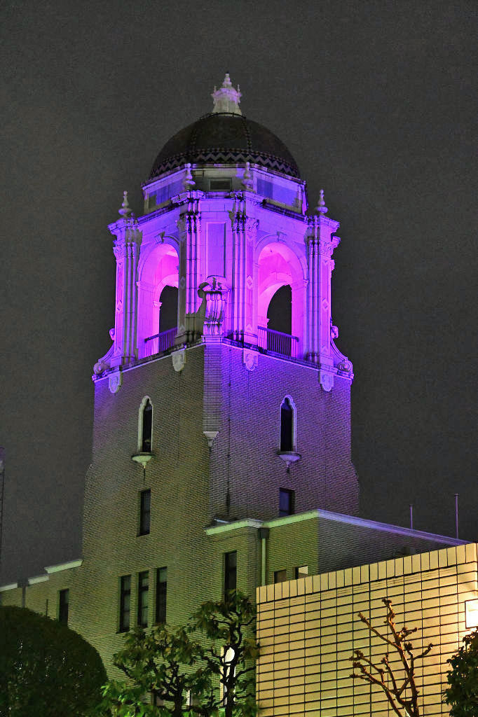 紫色にライトアップされた市役所静岡庁舎本館あおい塔ドーム＝静岡市葵区の葵スクエア