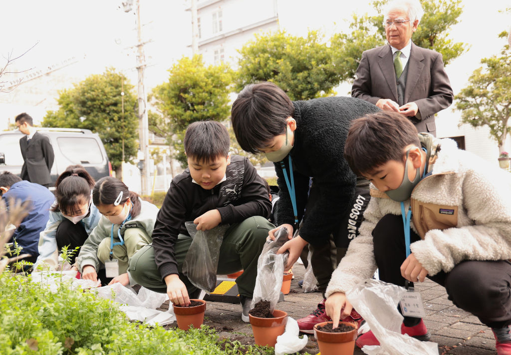 木の実を植える児童＝浜松市中央区の浜松科学館