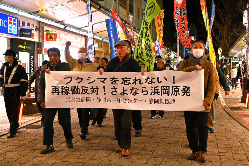 脱原発を求め１千万人の署名を目指す集会のデモ活動＝１１日午後、静岡市葵区
