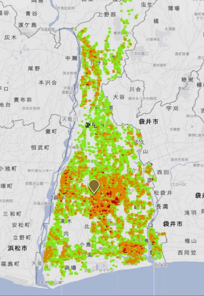 衛星データと人工知能（ＡＩ）で評価した水道管の漏水リスク分布図。赤色がレベル５