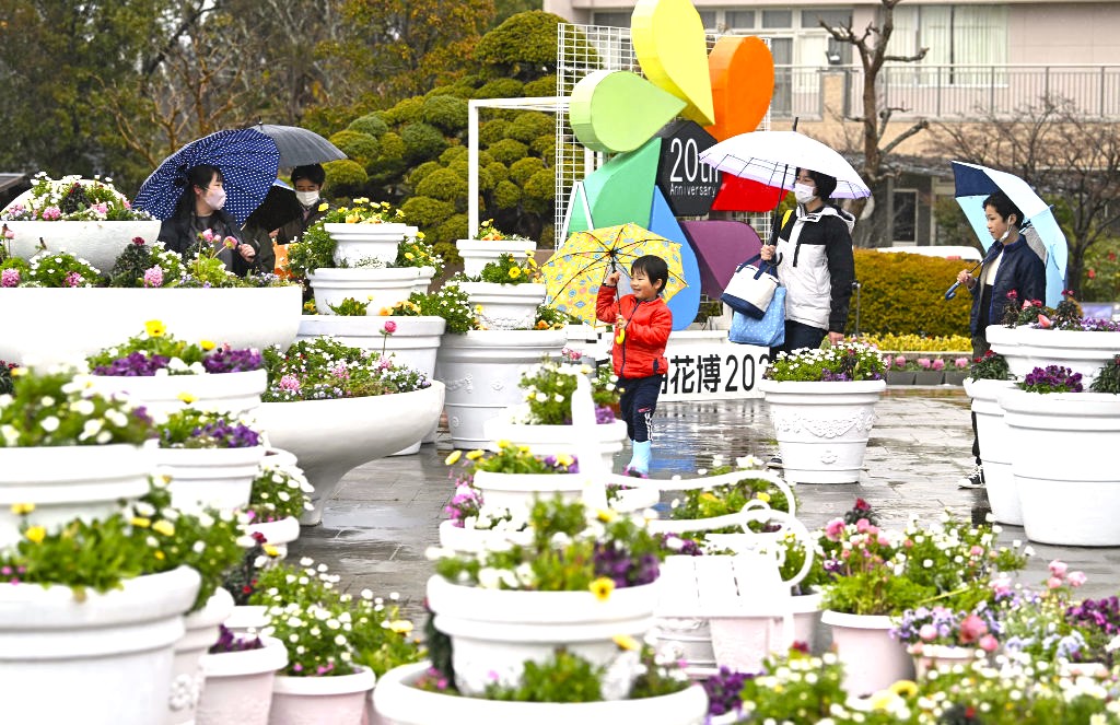 傘を差して花々を楽しむ来園者＝２３日午後、浜松市中央区のはままつフラワーパーク（浜松総局・山川侑哉）
