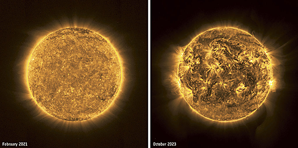 欧州宇宙機関（ＥＳＡ）が撮影した２０２１年２月（左）と２３年１０月の太陽（ＥＳＡなど提供）