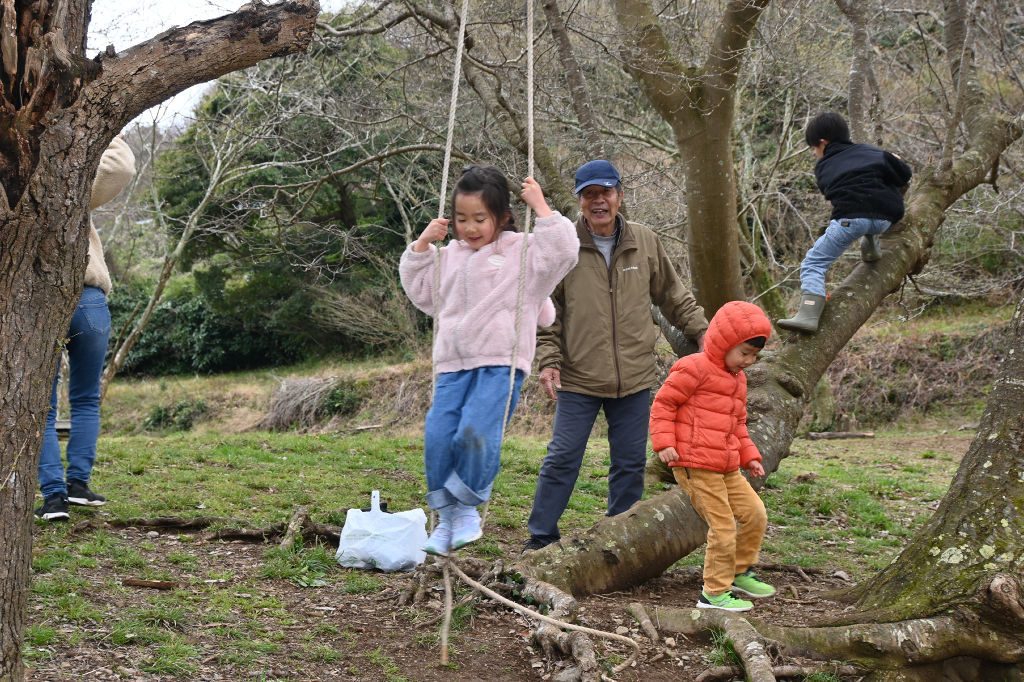 木登りやターザンロープで遊ぶ参加者＝静岡市駿河区古宿の遊木の森